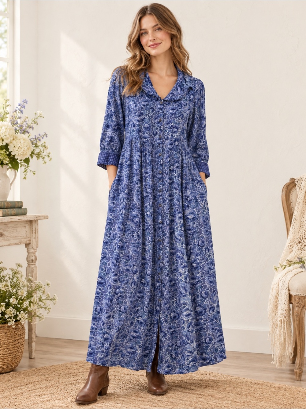 Vintage 90s April Cornell Province Indigo Floral Rayon Maxi Dress S prairie cttg